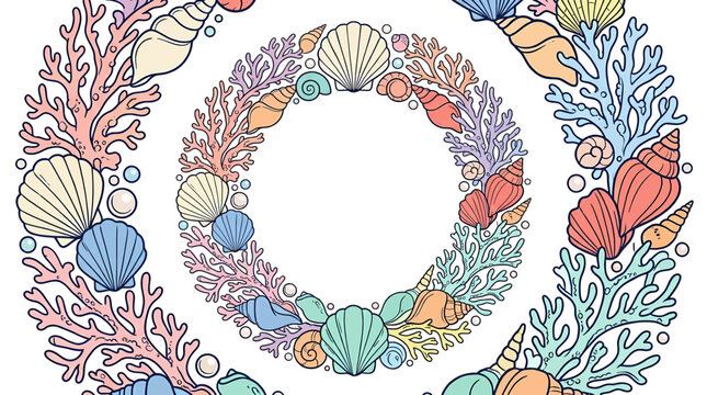 Beautiful underwater ocean reef circular frames with pastel sea shells corals and marine life for Kids