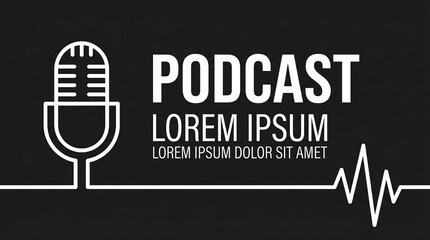 Fototapeta premium Minimalist Line Art Podcast Concept with Microphone Icon and Sound Wave on Dark Background, Ideal for Digital Audio Streaming and Online Broadcast Promotion