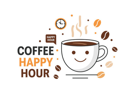 Enjoy a cozy coffee happy hour scene featuring a smiling cup of coffee steam and fresh coffee beans perfect for relaxing time and morning breaks