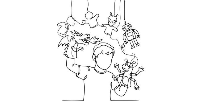 Boy playing with string puppets: dragon, robot, alien, frog, hand, simple line art