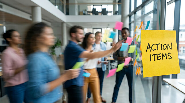 Energetic multi-ethnic business team brainstorming and planning action items on a glass wall with colorful sticky notes in a contemporary office environment
