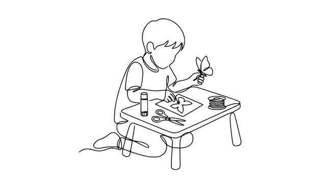 Child crafting butterfly art, drawing, scissors, glue, and thread on table, single line drawing