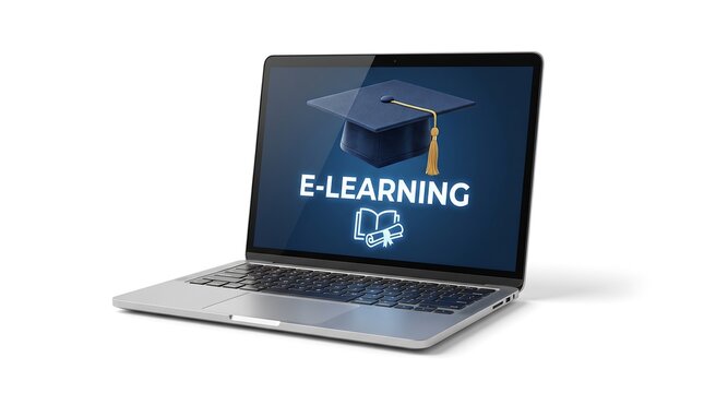 Laptop computer displaying e-learning platform with graduation cap icon