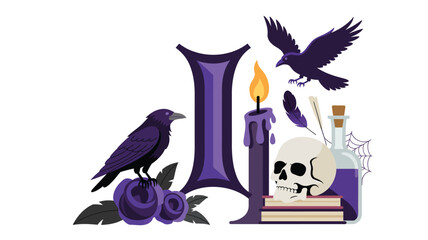 Obraz premium Enchanting letter I with flying raven, skull, burning candle, potion bottle, and spell books