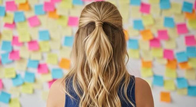Woman with blonde hair ponytail facing colorful sticky notes on wall