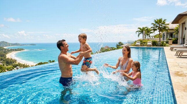 Family Splashing Joyfully in Infinity Pool with Ocean View
