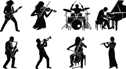 Musician Silhouette Collection Featuring Diverse Instruments and Performance Poses in Vector StyleMusician Silhouette Collection Featuring Diverse Instruments and Performance Poses in Vector Style © Shohanur