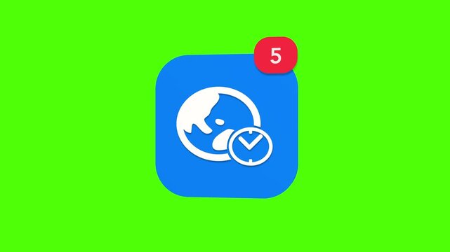 3D rendered pop up international time zone global schedule app graphic on a green screen with a red notification counter animation spinning from 1 to 99.