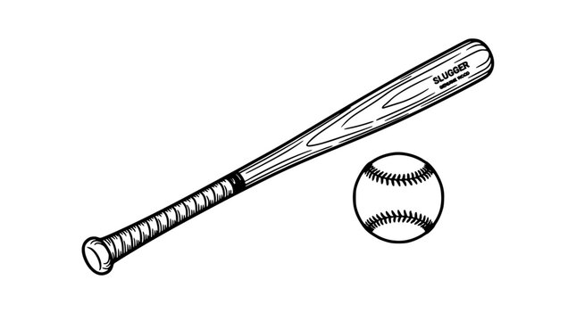 Baseball Bat and Baseball Graphic with Vintage Engraved Texture, White Background, Sports Equipment Icon Illustration