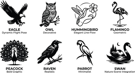Obraz premium Stylized Bird Illustration Collection Featuring Diverse Artistic Styles and Creative Avian DesignsStylized Bird Illustration Collection Featuring Diverse Artistic Styles and Creative Avian Designs