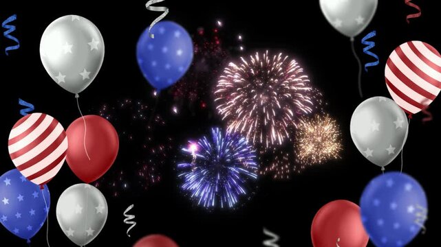 Fireworks explode behind floating patriotic balloons on a dark night sky for a national celebration.