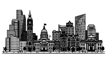 Fototapeta premium City Skyline with Architectural Landmarks in Black Ink Style, Detailed Line Drawing Illustration on White Background