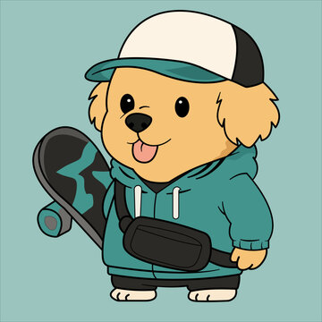 little boy sitting on a suitcase. Illustration of a dog in casual clothes with a skateboard, looking friendly. dog, skateboard, hoodie, cap, illustration