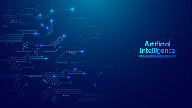 Abstract artificial intelligence background with digital circuitry and glowing network nodes.