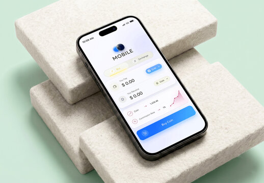 Smartphone Mockup with Finance App UI Design on Stone Blocks