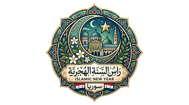 Ornate islamic new year badge featuring a mosque and syrian flag