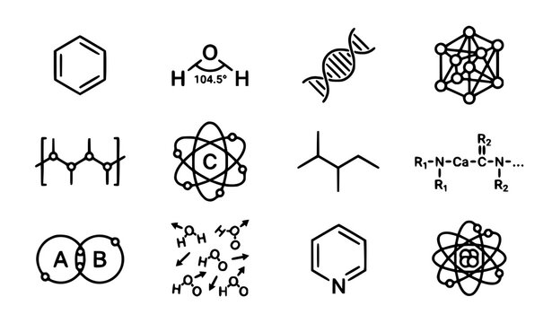 Chemical compound outline icons set with molecular structure and organic chemistry line symbols for stores and banners