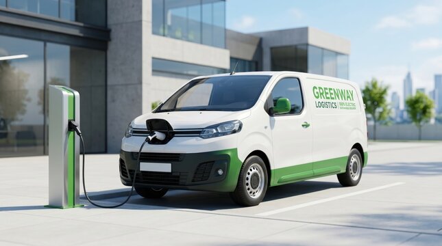 White electric delivery van charging at modern station, Greenway Logistics fleet decarbonization, urban eco-friendly transport solution, renewable energy infrastructure for