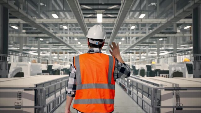 Back of Asian Male Engineer Waving Hand Saying Bye While Walking at Modern Solar Panel Manufacturing Factory with Automated Robotic Assembly Line