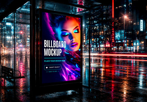Neon Night City Bus Stop Billboard Mockup with Wet Rainy Street Reflections