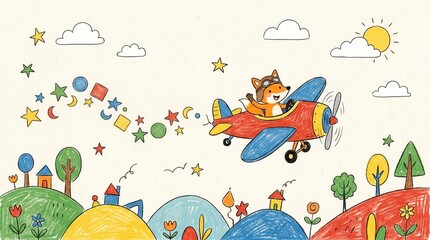 Fototapeta premium Happy fox in a pilot hat flies a red airplane above colorful hills, waving at tiny houses below