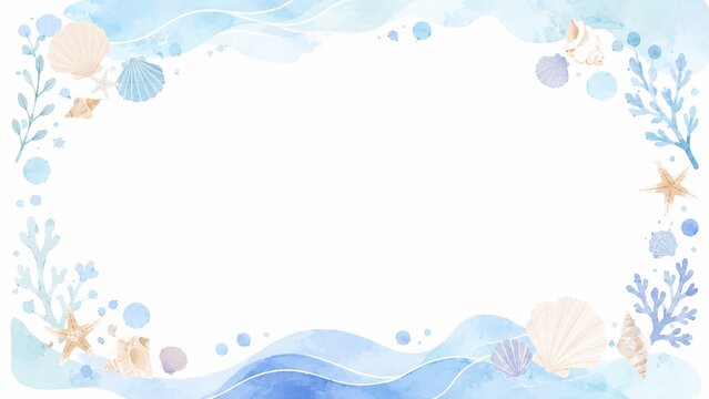 Watercolor blue ocean wave and seashell frame with starfish and seaweed on a clean white background, summer beach theme.