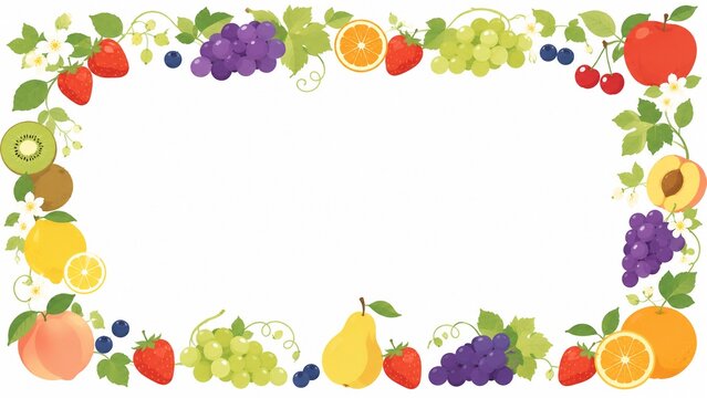 Colorful variety of fresh fruits and green leaves forming a rectangular frame on a clean white background, healthy eating concept.