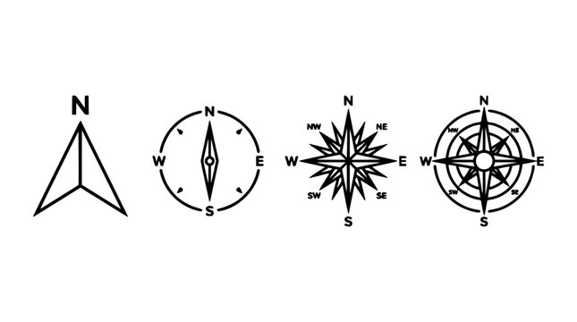 Compass Rose Icon Set with Cardinal Directions N, S, E, W and Decorative Star Designs for Navigation and Cartography