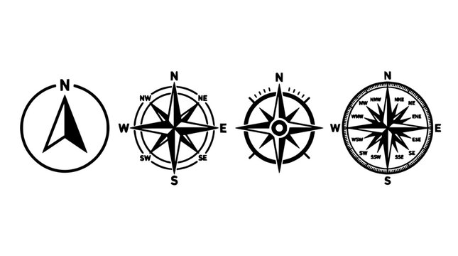 Compass Rose Icons Set with Black and White Nautical Design, Featuring Cardinal Points and Stylized Star Markers