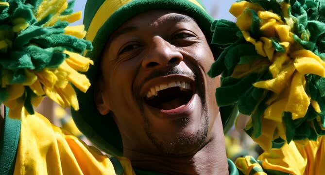 Torcedor Brasileiro Adulto Sorridente Usando Chap&eacute;u Pescador e Celebrando com Pompons Verdes e Amarelos