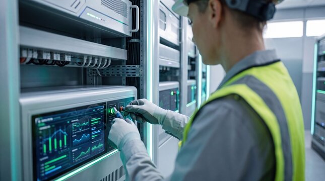 IT technician maintaining server rack in modern data center, checking network infrastructure and system diagnostics on control panel, cloud computing hardware support and