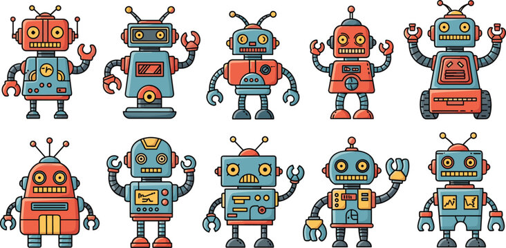 Cute Retro Robot Character Collection Vector Set for Technology and Kids Designs