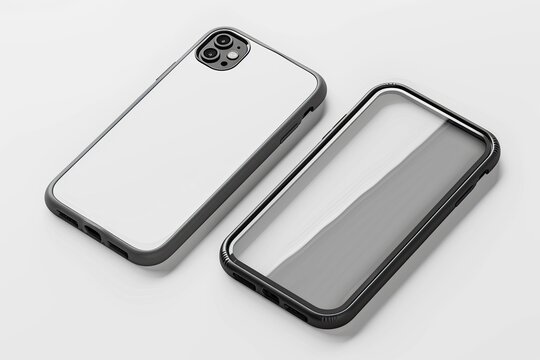 Two smartphone cases displayed diagonally, one white-backed, the other transparent. Clean white backdrop
