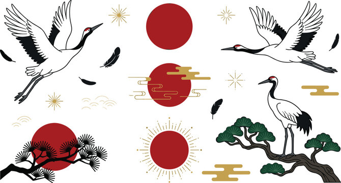 Traditional Japanese Crane Art Vector Set with Flying Red-Crowned Birds, Rising Sun Badges, Pine Tree Branches, and Golden Oriental Cloud Elements