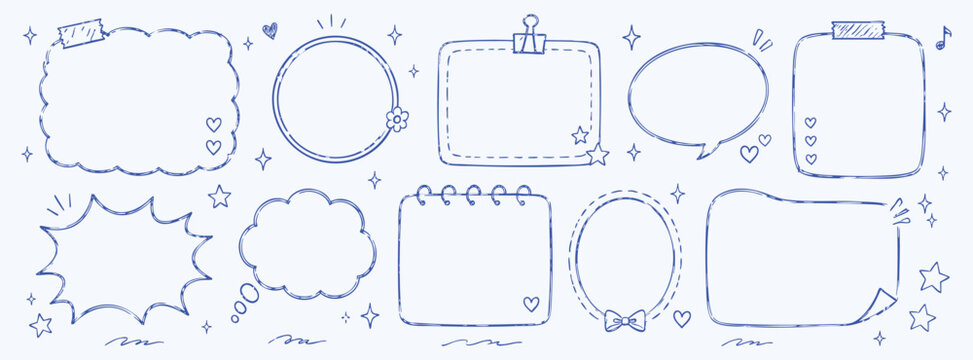 Collection of cute hand-drawn doodle frames, speech bubbles, and note boxes, perfect for bullet journal, planner, or scrapbook decoration.