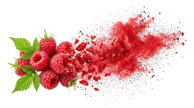 Fresh raspberries with green leaves exploding into powder particles isolated on white background