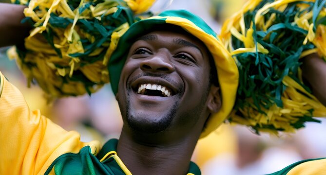 Torcedor Brasileiro Adulto Sorridente Usando Chap&eacute;u Pescador e Celebrando com Pompons Verdes e Amarelos
