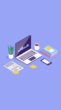 Modern office workspace with laptop, documents, coffee and phone, objects appearing and disappearing in isometric view, motion graphics.