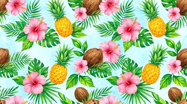 Tropical pattern with pineapples coconuts and hibiscus flowers on blue background