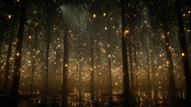 Mystical dark forest with tall trees and thousands of hanging golden lights, fantasy background