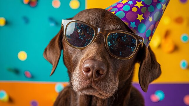 Happy brown dog wearing a colorful party hat and star shaped sunglasses for a vibrant and festive birthday celebration portrait