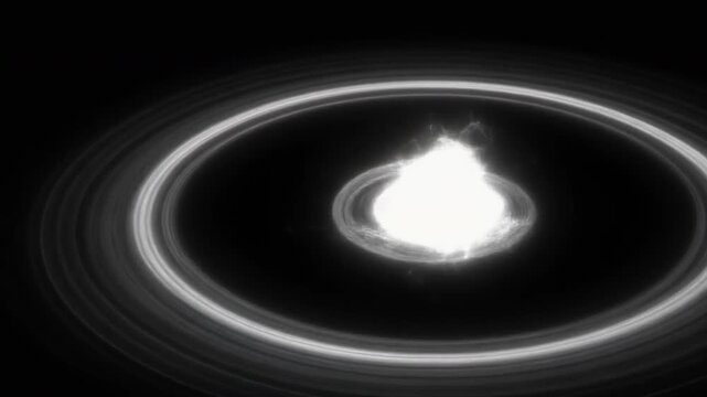 Abstract motion background featuring a bright white glowing energy core that emits expanding concentric rings and shockwaves against a pure black background