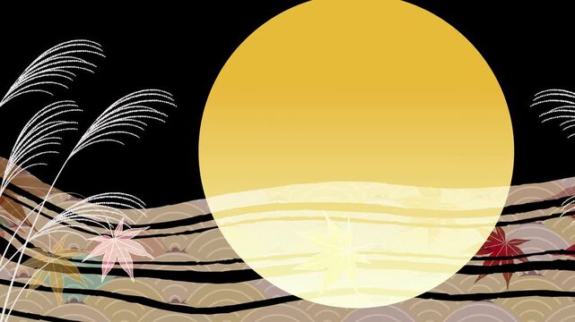 Full Moon with Autumnal Japanese Motif 4K