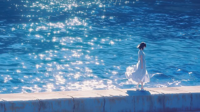 海辺の堤防を歩く白い服の女性