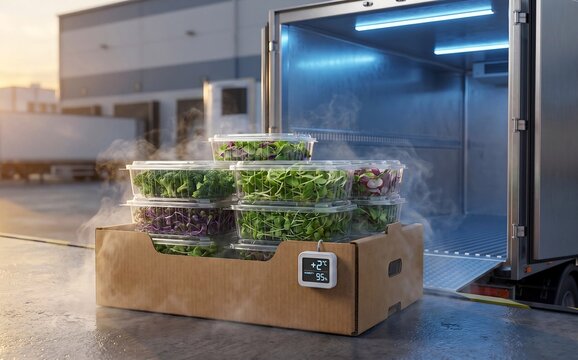 Smart cold chain logistics background. Close-up of packaged organic microgreens in cardboard boxes by a refrigerated truck