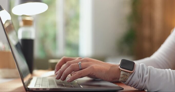 WFH, woman and hands typing on laptop for seating update, guest list review and vendor sourcing. Remote work, event planner and tech in house for venue booking, online reservation and rsvp management