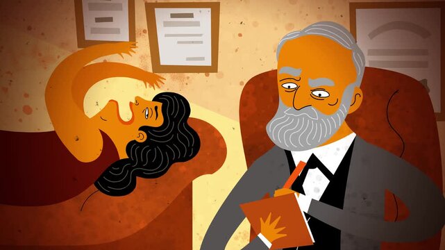 female patient on a couch sharing her problems while a psychoanalyst takes notes