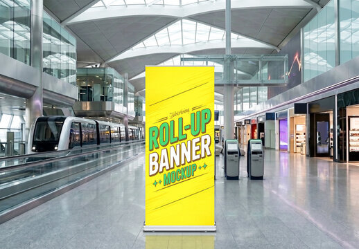 Realistic Roll Up Banner Mockup in Modern Train Station Terminal