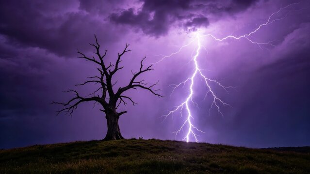 Lightning striking near a lone tree