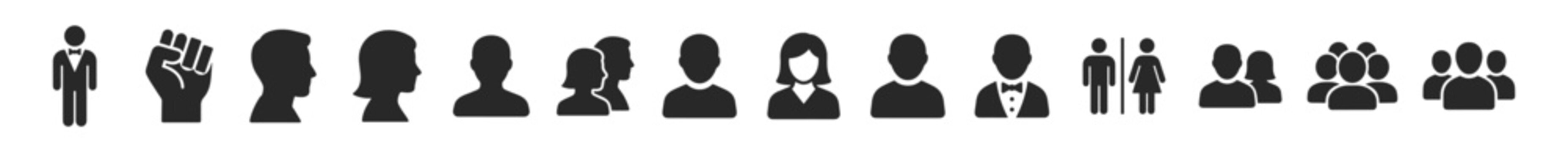 Set of simple black line icons representing office and digital workspace with computer, desk, keyboard, mouse, tablet, coffee cup, and stationery on transparent background